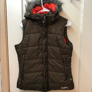 Burton Rancher Puffy Vest Size Medium Chocolate Brown Faux Fur Removable Hood